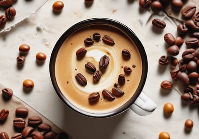 Two plastic cups filled with iced beverages sit on a light-colored surface, surrounded by scattered coffee beans. A wooden bowl filled with coffee beans along with a small scoop is nearby. The background features a wooden basket filled with pinecones and a beige textured cloth, set against a wooden slatted wall. Stalks of wheat are placed in the foreground, adding a rustic touch.