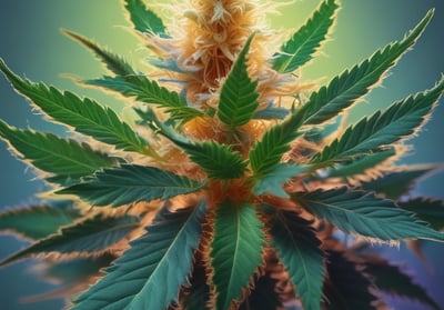 A collection of cannabis-related items, including a glass jar filled with cannabis buds, a metal grinder with its lid off, and a rolled joint laying in front. The scene features earthy tones and metallic highlights.