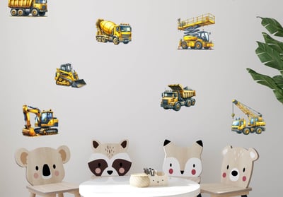 Construction vehicle wall decals set featuring realistic heavy machinery illustrations