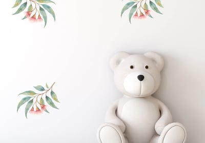 Flowering gum wall decal with pink blossoms and eucalyptus leaves