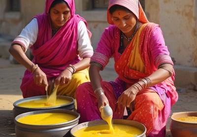 A traditional Indian sweet decorated with silver foil and rose petals is placed on a rectangular tray. Nearby, a lit brass oil lamp and a red rose enhance the aesthetic with warm lighting, all set against a textured, neutral-colored tablecloth.