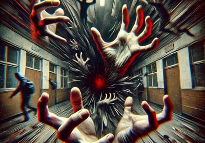Distorted school hallway with hands reaching out, symbolizing fear, torment, and dread