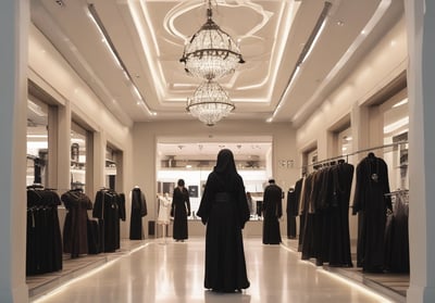 A fashion retail store display with large glass windows showcasing elegant mannequins dressed in upscale clothing. The store interior is brightly lit with a modern, luxurious ambiance. Two people walk past the store, one wearing a long dress and the other a headscarf.