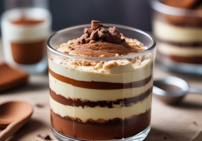 A slice of tiramisu sits on a dark plate on a wooden table, accompanied by a tall glass of iced coffee topped with foam. Above, a vintage-style bulb in a caged light fixture casts a warm glow against a textured stone wall. The setting conveys a cozy and inviting café atmosphere.