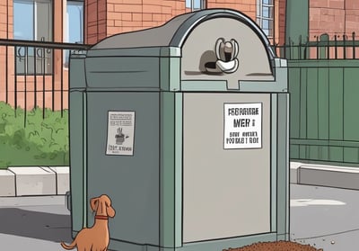 A red outdoor waste bin situated on a grassy area, with a black plastic bag lining the top. The bin features a sign illustrating a person disposing of waste alongside a dog, indicating it is for dog waste. The background is slightly blurred, showing green trees and a blue sky.