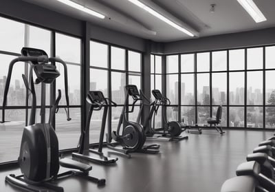 A dimly lit gym with various exercise machines, including leg presses and cable equipment. The floor is padded with dark tiles. In the background, two people are sitting at a desk with a computer. An Indian flag is visible on the wall, adding a touch of decoration.