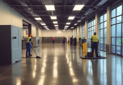 A person stands on a concrete surface outside a building, wearing a yellow protective hazmat suit with red gloves and safety goggles. Industrial pallets are visible in the background, and yellow caution lines are painted on the ground.
