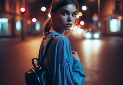 A woman walking alone on the street, looking back with fear, representing the need for meditation to reduce fear and anxiety.