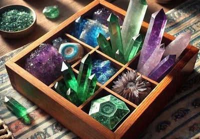 Colorful healing crystals placed on a table, representing their role in Reiki practices and promoting energy healing