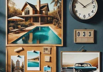 Cork boards on a wall displaying dream home, car, travel, and vacation images, representing a vision board for manifestation.