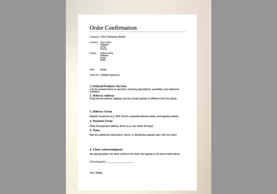 Order Confirmation template English Editable pdf
