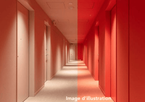 Image d'un couloir bicolore d'appart'hôtel.