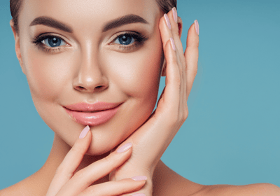 a woman with a pink manicure and a blue background