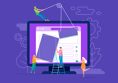 Ilustración de personas construyendo un sitio web con una laptop y herramientas digitales