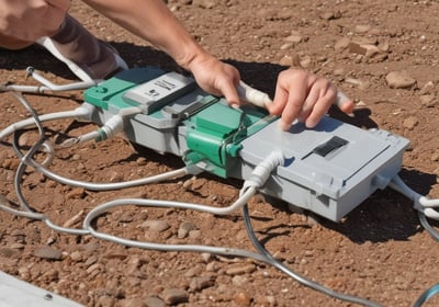 A large array of solar panels is installed on a flat rooftop under a bright blue sky with scattered clouds. In the distance, there is a lush green hillside with trees and several residential buildings with colorful rooftops.