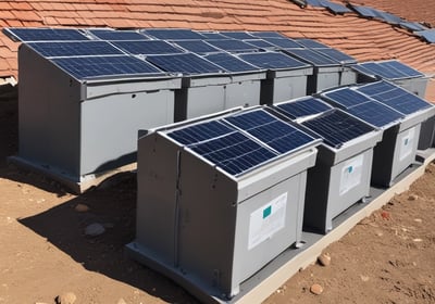 A large array of solar panels is installed on a flat rooftop under a bright blue sky with scattered clouds. In the distance, there is a lush green hillside with trees and several residential buildings with colorful rooftops.