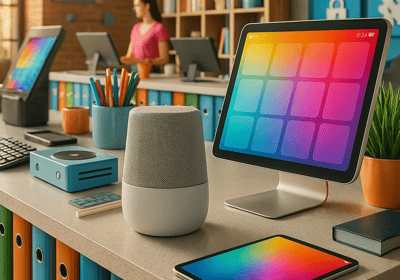 Smart speaker and colorful tablet POS setup in modern store. Affordable tech for small businesses.