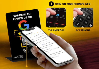 Black NFC menu stand on colorful restaurant table. Fast food digital ordering with QR and tap.