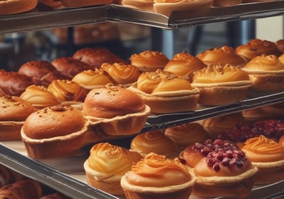 A cozy bakery with a variety of breads and pastries displayed in a glass case. The interior features wooden accents, chalkboard menus, and hanging pendant lights. Sunlight streams through large windows, creating a warm and inviting atmosphere.