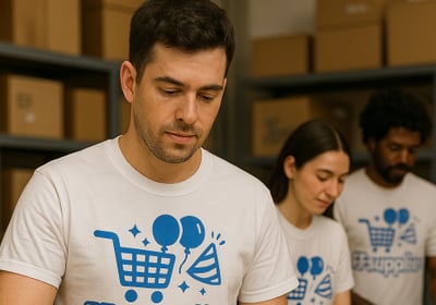 a man in a white shirt is holding a box of free shipping boxes