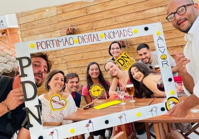 Fun group photo of Portimao Digital Nomads community members at a meetup