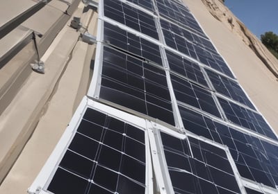 A field of solar panels is positioned under a clear blue sky. The panels are arranged in rows, capturing sunlight efficiently. The sleek, reflective surface of the panels gives a modern and clean look.