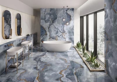 a bathroom with a tub tub and a large window