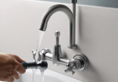 A complex manifold system with multiple white pipes connected in parallel to a row of valves. Several gauges are visible, as well as an assortment of knobs and control switches. The setup appears part of a heating or plumbing system, with wiring and connectors visible. The background shows a partially unfinished wall, suggesting an installation in progress or maintenance area.