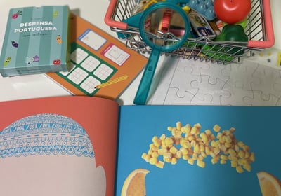 a book with a basket of books and a basket of books