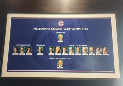 Framed display of the Melbourne Cricket Club Committee, featuring photos and names of the President and other officers.