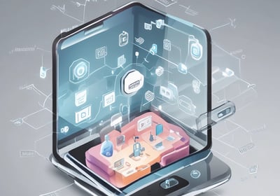 A hand holds a smartphone displaying an Instagram profile with information about a web designer and developer. On a table nearby are a pair of wireless earbuds, a small potted plant, and a glass of iced coffee on a coaster.