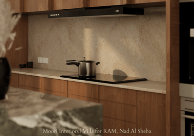 Contemporary kitchen cooktop with matte chimney, warm wood cabinetry, and soft ambient lighting