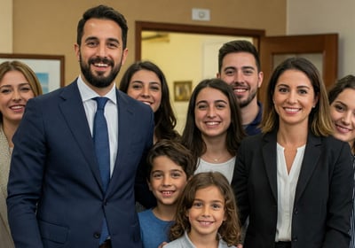 Un gruppo di persone con due avvocati che sorridono