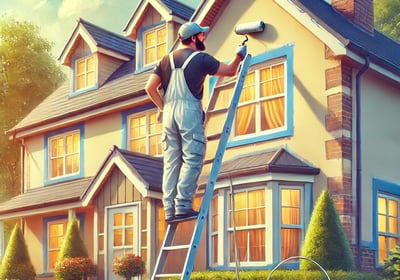 Painter Working on the Exterior of a House – A painter in overalls and a cap is standing on a ladder