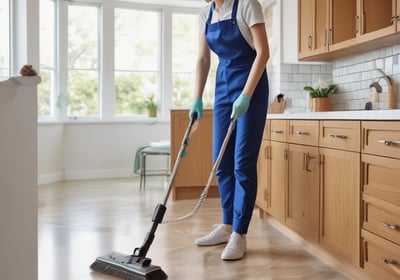 A person in a cleaning uniform is pushing a floor cleaning machine in front of a large wall made of blue-tinted glass blocks. The shadowed silhouette of another person is visible in the foreground, captured mid-step, creating a dynamic sense of motion.