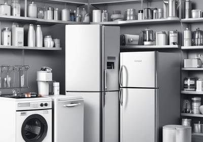 An oven with large silver knobs is partially covered with a purple towel hanging over its handle. There is a white appliance with attached cables on the left, possibly an electric kettle or air purifier, resting on a countertop.