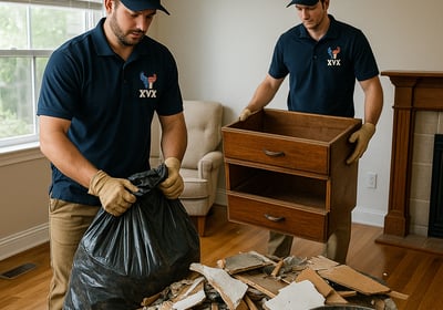 two men in blue shirts and black pants are standing in a room