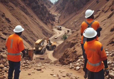 A large mining site is spread across a vast landscape with multiple heavy machinery and trucks in operation. The site has a variety of soil and rock formations, with visible conveyor belts and excavators working. The background features green hills and a partly cloudy sky.