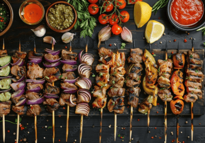 Assorted grilled skewers featuring various meats, onions, and flavourfu seasonings at Taouk Watford,