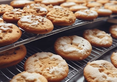 An assortment of pastries and desserts displayed on a reflective surface. The selection includes various cakes, cupcakes with colorful frosting, and layered pastries topped with whipped cream and berries. The desserts are arranged in rows, showcasing a variety of textures and flavors.
