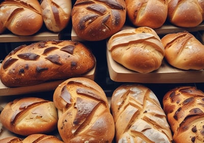 Multiple yellow frosted cakes with decorative flowers on top, displayed in a refrigerated showcase. Each cake is neatly arranged on a white paper base and surrounded by a variety of smaller desserts on lower shelves presented with reds, whites, and greens.