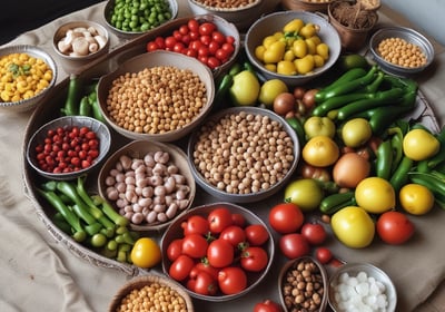 A variety of food items are arranged in a rustic setting. There are sacks of grains, trays of chopped tomatoes, green chilies, lemons, and a pile of roasted chickpeas. The items are resting on a makeshift table covered with a light cloth, with metal bowls and a woven basket visible.