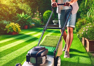 Un jardinier tondant une pelouse bien entretenue avec une tondeuse à gazon