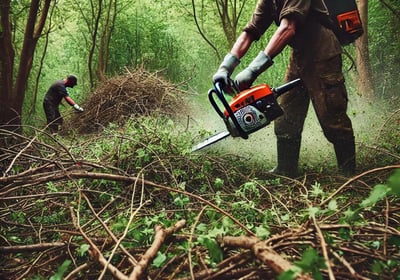 Un jardinier utilisant une débroussailleuse pour nettoyer un terrain boisé envahi