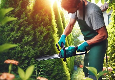 Un jardinier utilisant un taille-haie électrique pour donner forme à une haie dense dans un jardin