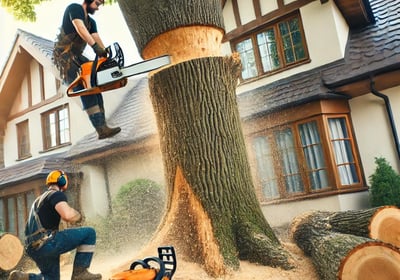 Un arbre dangereux en cours d’abattage, coupé en sections par des arboristes équipés de tronçonneuse