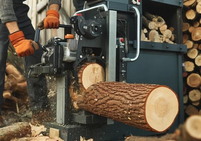 Un travailleur fendant des bûches avec une machine à bois pour les transformer en bois de chauffage,