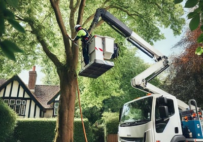 Un arboriste dans un camion nacelle, taillant des branches en hauteur, avec l'équipement de sécurité