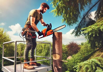 Un arboriste sur une plateforme en hauteur, utilisant une tronçonneuse pour réduire l'arbre
