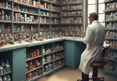 woman standing between library book shelves
